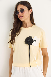 Aksesuarlı Kısa Kollu Pamuklu T-Shirt 60602041 - Tereyağ