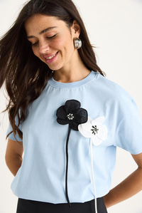 Aksesuarlı Kısa Kollu Pamuklu T-Shirt 60602041 - Mavi