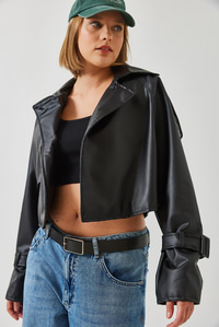 Aller Detay Crop Deri Ceket 2607 60351263 - Siyah