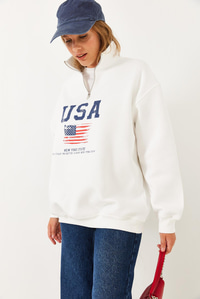 arım Fermuarlı USA Baskılı Dik Yaka Sweatshirt 60251880 - Beyaz SWEATSHİRT modelleri