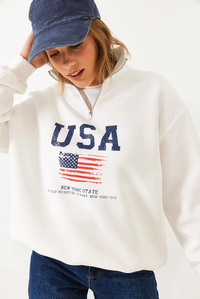 arım Fermuarlı USA Baskılı Dik Yaka Sweatshirt 60251880 - Beyaz SWEATSHİRT modelleri