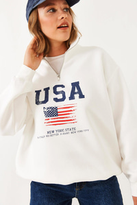 arım Fermuarlı USA Baskılı Dik Yaka Sweatshirt 60251880 - Beyaz SWEATSHİRT modelleri