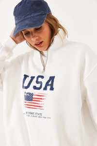 arım Fermuarlı USA Baskılı Dik Yaka Sweatshirt 60251880 - Beyaz SWEATSHİRT modelleri