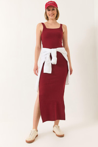 Askılı Kare Yaka Yırtmaç Detaylı Ottoman Midi Elbise 295 60283176 - Bordo