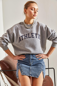 Athletic Baskılı Üç İplik Şardonlu Sweatshirt - Gri SWEATSHİRT modelleri