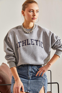 Athletic Baskılı Üç İplik Şardonlu Sweatshirt - Gri SWEATSHİRT modelleri