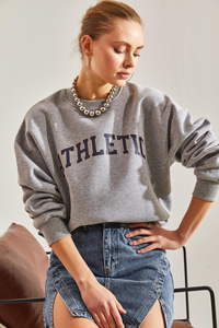 Athletic Baskılı Üç İplik Şardonlu Sweatshirt - Gri SWEATSHİRT modelleri