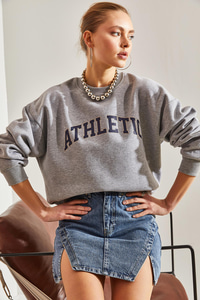 Athletic Baskılı Üç İplik Şardonlu Sweatshirt - Gri SWEATSHİRT modelleri