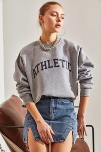 Athletic Baskılı Üç İplik Şardonlu Sweatshirt - Gri SWEATSHİRT modelleri