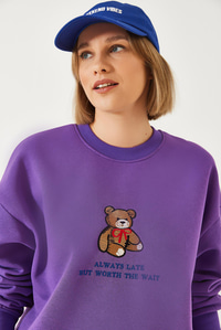 Ayıcık Baskılı Yazılı Ribanalı Basic Sweatshirt ÖS241011 60261314 - Mor