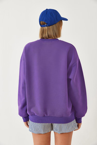 Ayıcık Baskılı Yazılı Ribanalı Basic Sweatshirt ÖS241011 60261314 - Mor