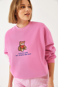 Ayıcık Baskılı Yazılı Ribanalı Basic Sweatshirt ÖS241011 60261314 - Şeker Pembe