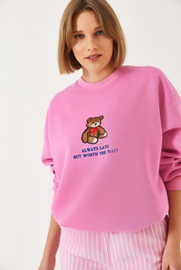 Ayıcık Baskılı Yazılı Ribanalı Basic Sweatshirt ÖS241011 60261314 - Şeker Pembe