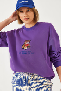 Ayıcık Baskılı Yazılı Ribanalı Basic Sweatshirt ÖS241011 60261314 - Mor