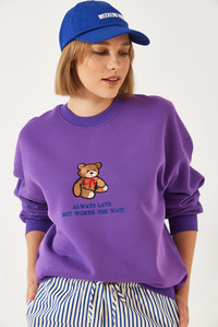 Ayıcık Baskılı Yazılı Ribanalı Basic Sweatshirt ÖS241011 60261314 - Mor
