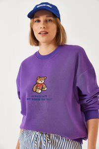 Ayıcık Baskılı Yazılı Ribanalı Basic Sweatshirt ÖS241011 60261314 - Mor
