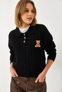 Ayıcık Nakışlı Düğmeli Triko Kazak 60351375 - Siyah