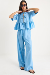 Bağlama Detaylı Kısa Kollu Bluz Pantolon Alt-Üst Takım 9265 60281014 - Bebe Mavisi