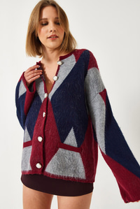 Baklava Desenli Oversize Triko Hırka 4021 60261248 - Bordo-Lacivert