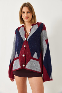 Baklava Desenli Oversize Triko Hırka 4021 60261248 - Bordo-Lacivert