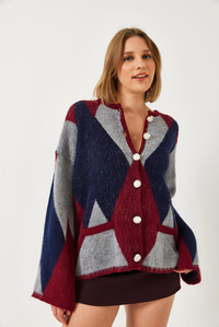 Baklava Desenli Oversize Triko Hırka 4021 60261248 - Bordo-Lacivert