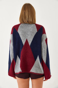 Baklava Desenli Oversize Triko Hırka 4021 60261248 - Bordo-Lacivert