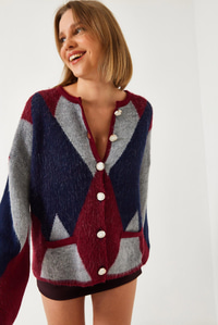Baklava Desenli Oversize Triko Hırka 4021 60261248 - Bordo-Lacivert