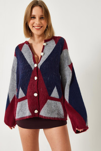 Baklava Desenli Oversize Triko Hırka 4021 60261248 - Bordo-Lacivert