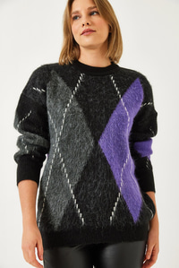 Baklava Desenli Oversize Triko Kazak 60351284 - Siyah-Mor