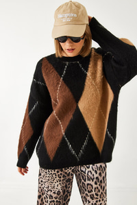 Baklava Desenli Oversize Triko Kazak 60351284 - Siyah-Camel