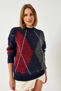 Baklava Desenli Oversize Triko Kazak 60351284 - Lacivert-Kırmızı