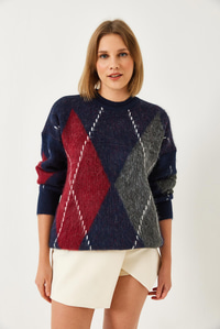 Baklava Desenli Oversize Triko Kazak 60351284 - Lacivert-Kırmızı