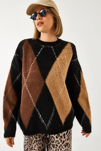 Baklava Desenli Oversize Triko Kazak 60351284 - Siyah-Camel