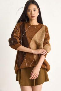 Baklava Desenli Oversize Triko Kazak 60351284 - Taba-Kahve KAZAK modelleri
