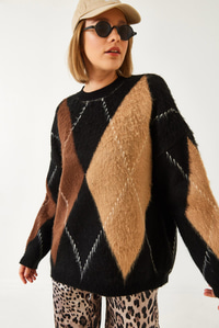 Baklava Desenli Oversize Triko Kazak 60351284 - Siyah-Camel