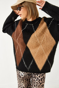Baklava Desenli Oversize Triko Kazak 60351284 - Siyah-Camel