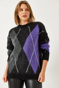 Baklava Desenli Oversize Triko Kazak 60351284 - Siyah-Mor