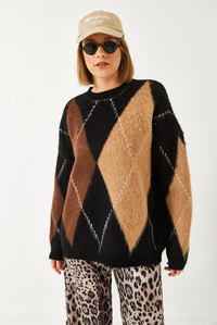 Baklava Desenli Oversize Triko Kazak 60351284 - Siyah-Camel