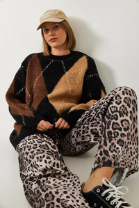 Baklava Desenli Oversize Triko Kazak 60351284 - Siyah-Camel