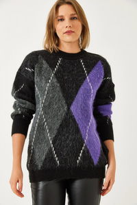 Baklava Desenli Oversize Triko Kazak 60351284 - Siyah-Mor