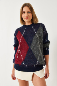 Baklava Desenli Oversize Triko Kazak 60351284 - Lacivert-Kırmızı