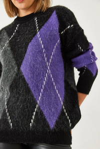 Baklava Desenli Oversize Triko Kazak 60351284 - Siyah-Mor