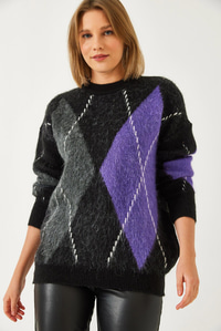 Baklava Desenli Oversize Triko Kazak 60351284 - Siyah-Mor