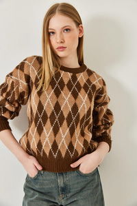 Baklava Desenli Şardonlu Triko Kazak 60351320 - Camel