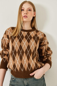 Baklava Desenli Şardonlu Triko Kazak 60351320 - Camel