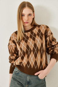Baklava Desenli Şardonlu Triko Kazak 60351320 - Camel