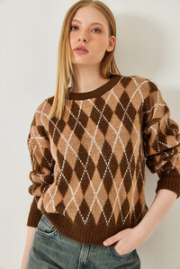 Baklava Desenli Şardonlu Triko Kazak 60351320 - Camel