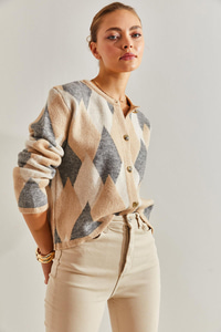 Baklava Desenli Triko Hırka - Camel-Bej HIRKA modelleri