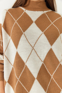 Baklava Desenli Yarım Balıkçı Yaka Oversize Kalın Triko Kazak 60261376 - Bej-Camel
