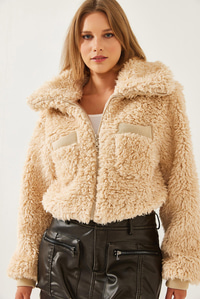 Balıkçı Yaka Beli Lastikli Peluş Mont 938137 60351233 - Camel